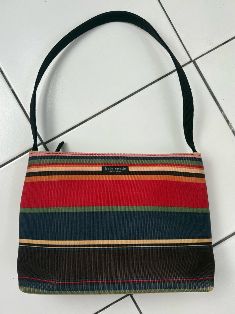 Kate Spade Vintage Red, Navy, Green Striped Canvas Shoulder Bag